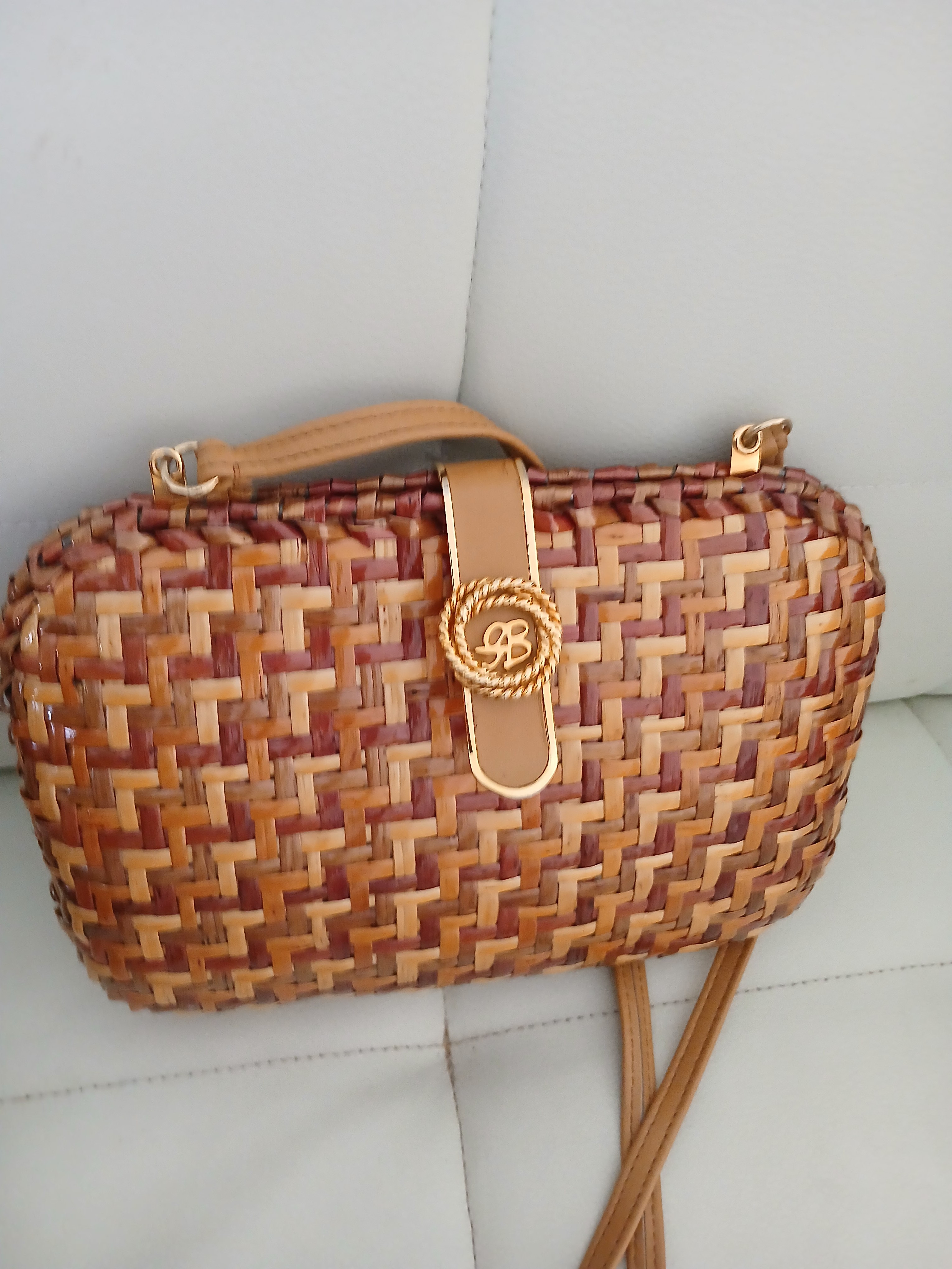 Woven Straw Crossbody Bag With Gold-Tone Emblem - Brown & Tan